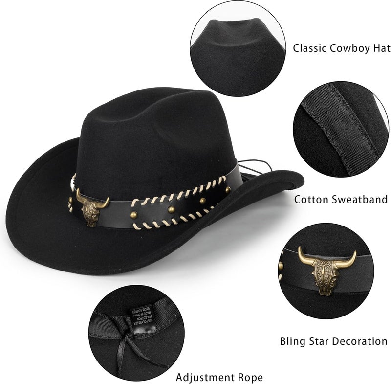 Eohak Womens Western Cowboy Hats Studded Pinched Western Cowgirl Hats Wide Brim Fedoras Hat with Belt Buckle (Size:Medium) - Image 3